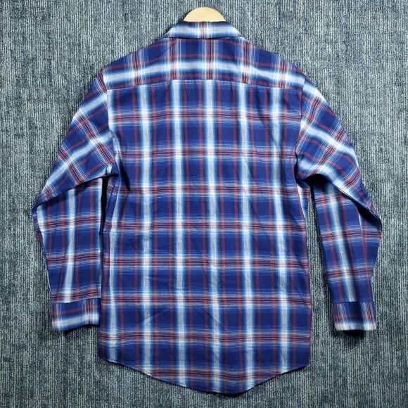 Vintage Sears Fieldmaster Shirt Mens Medium Blue Plaid Flannel Perma Prest 80s - Picture 2 of 14